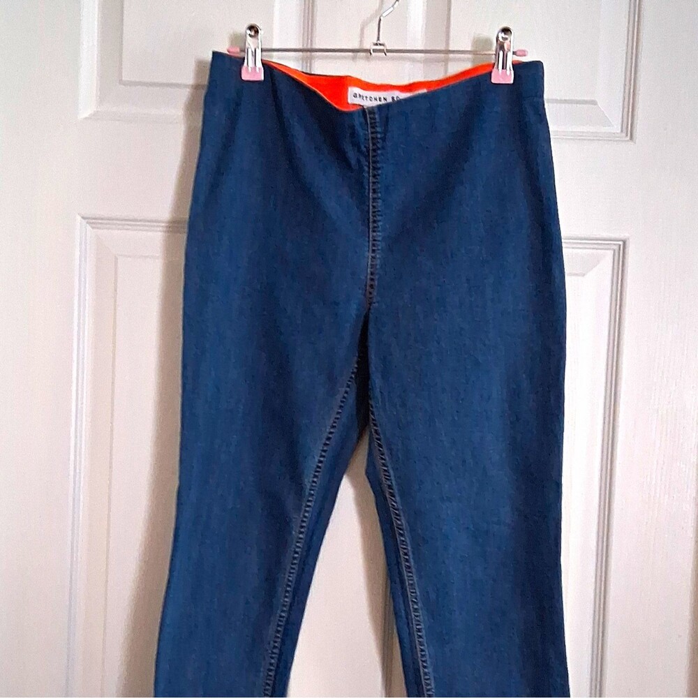 Gretchen Scott Gripeless Denim Pull On Pants Blue Stretch Ankle Slit Size M EXC